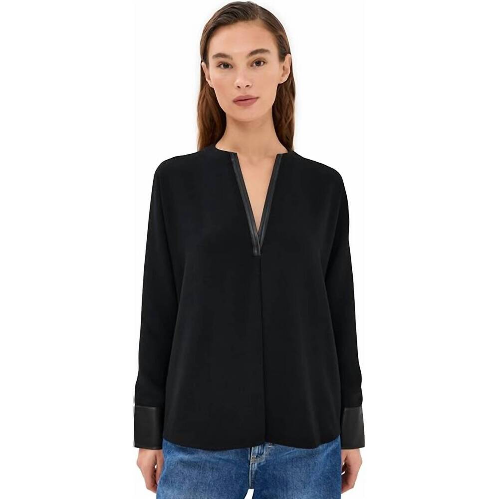 NEW VINCE leather trim dolman top in black